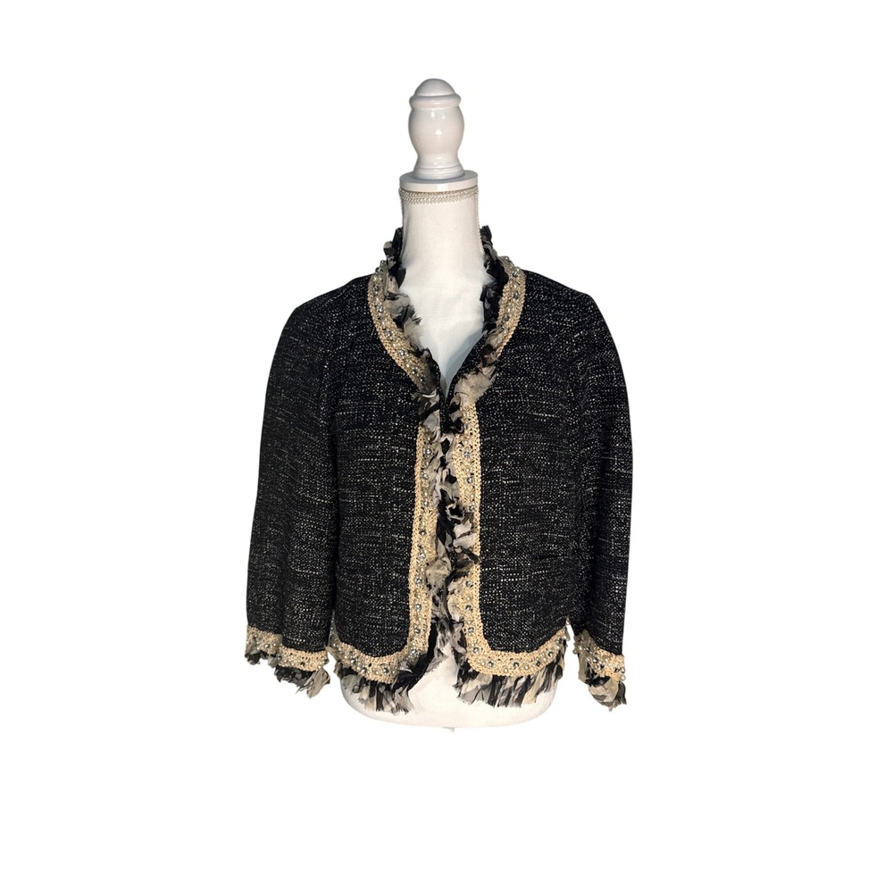 Karen Kane Royal Casino Tweed Jacket Black White Pearl Rhinestone Ruffle XL NEW